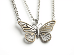 butterfly stainless steel necklace with square chain links white background full