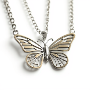butterfly stainless steel necklace with square chain links white background full