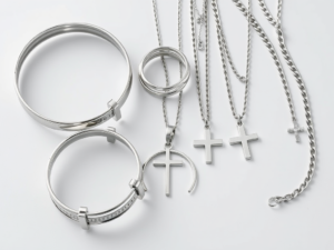 several images of stainless steel jewelry like bangles bracelet adjustable rings